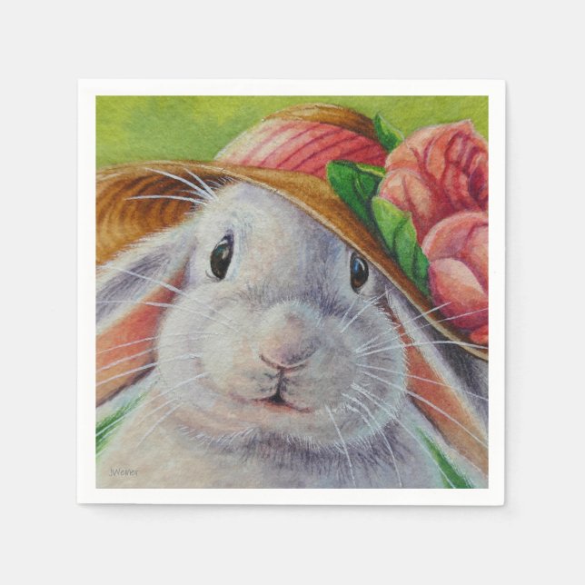 White Bunny Rabbit in Spring Bonnet Watercolor Art Napkin (Front)