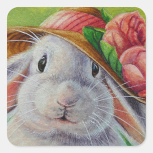 White Bunny Rabbit in Spring Bonnet Watercolor Art Square Sticker