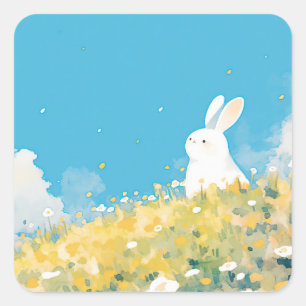 White Bunny Rabbit in Yellow Wildflower Meadow Square Sticker