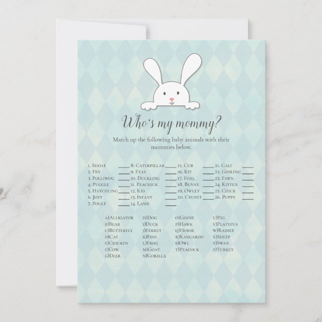 White Bunny Rabbit Who's My Mummy Baby Shower Game Invitation (Front)