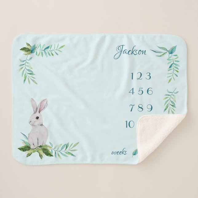 White Bunny Turquoise Name Month Baby Milestone Sherpa Blanket (Front (Horizontal))