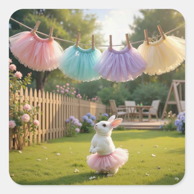 White Bunny Wearing a Pink Tutu Square Sticker (Front)