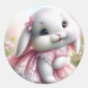White Bunny Wearing Pink Lace Dress Classic Round Sticker