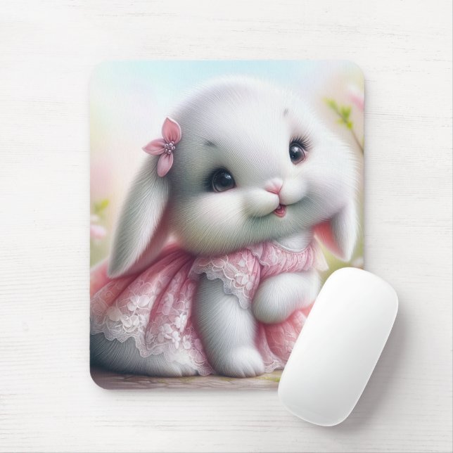 White Bunny Wearing Pink Lace Dress Mouse Mat (With Mouse)