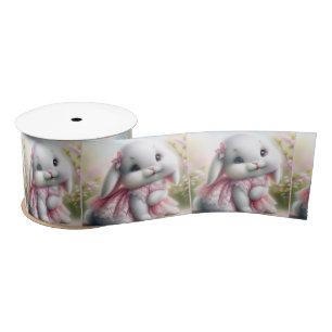 White Bunny Wearing Pink Lace Dress Satin Ribbon