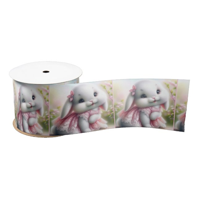 White Bunny Wearing Pink Lace Dress Satin Ribbon (Spool)