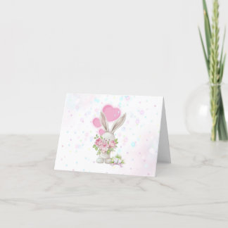 White Bunny with Big Pink Flowers & Hearts Thank You Card