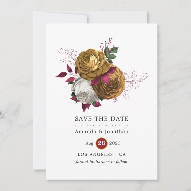 White, Burgundy and Gold Floral Wedding Save The Date (Front)