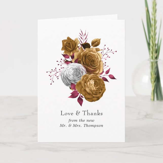 White, Burgundy and Gold Floral Wedding Thank You Card (Front)