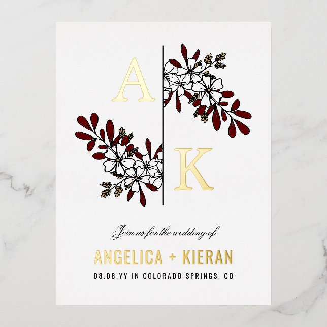 White Burgundy Floral Greenery Monogram Wedding Foil Invitation Postcard (Front)