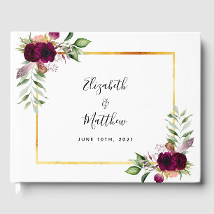 White burgundy florals greenery elegant wedding guest book