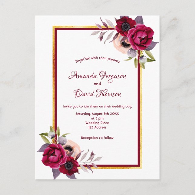 White burgundy gold florals wedding invitation postcard (Front)