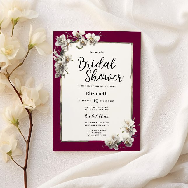 White burgundy gold orchid floral Bridal Shower Invitation (White burgundy gold orchid floral Bridal Shower)