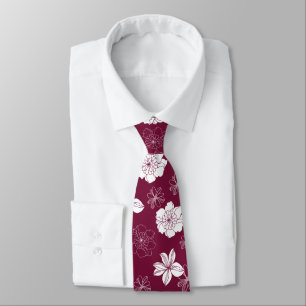 White & Burgundy Graphic Floral Pattern Tie
