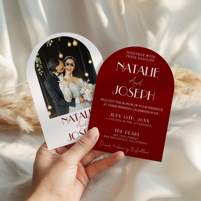 White Burgundy Minimalist Photo Arched Wedding Invitation (Creator Uploaded)
