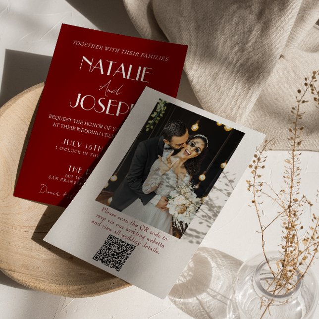 White Burgundy Minimalist QR Code Photo Wedding Invitation (Creator Uploaded)