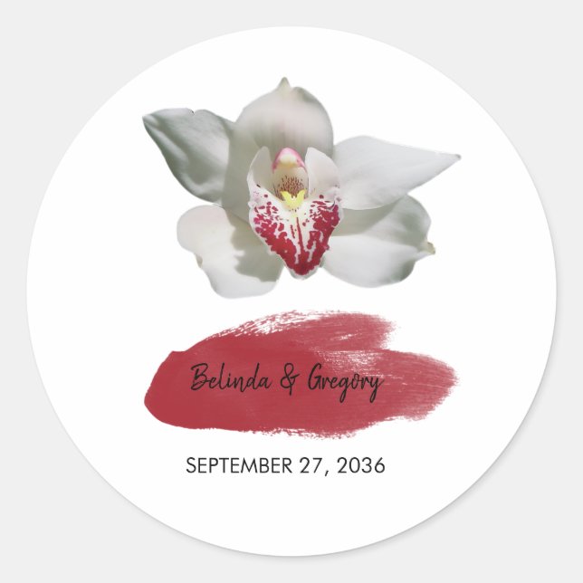 White Burgundy Orchid Wedding Classic Round Sticker (Front)
