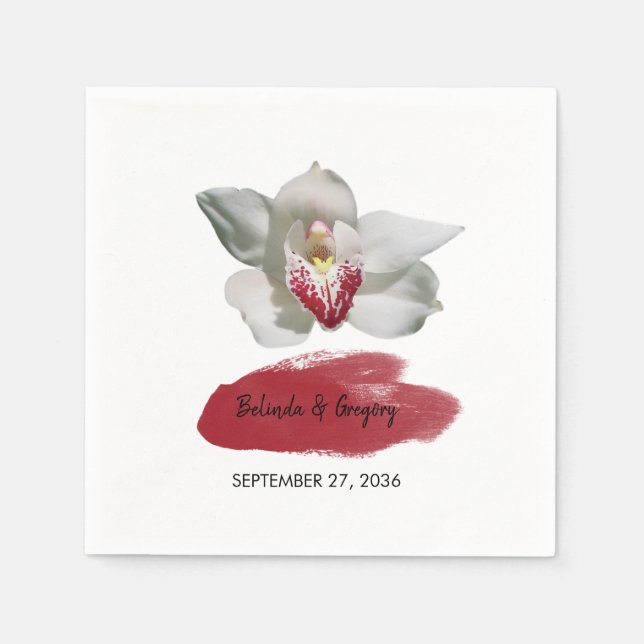 White Burgundy Orchid Wedding Napkin (Front)