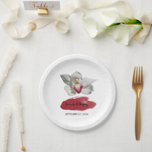 White Burgundy Orchid Wedding Paper Plate
