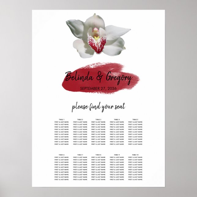 White Burgundy Orchid Wedding Seating Chart (Front)