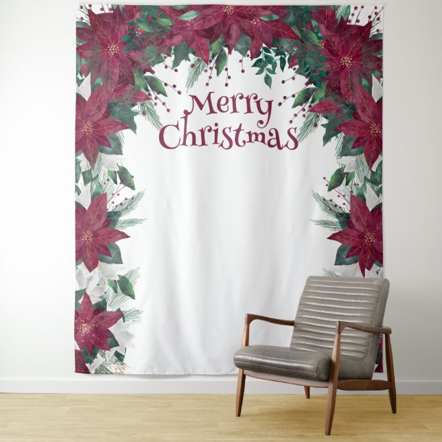 White Burgundy Poinsettia Christmas Photo Backdrop Tapestry (In Situ)