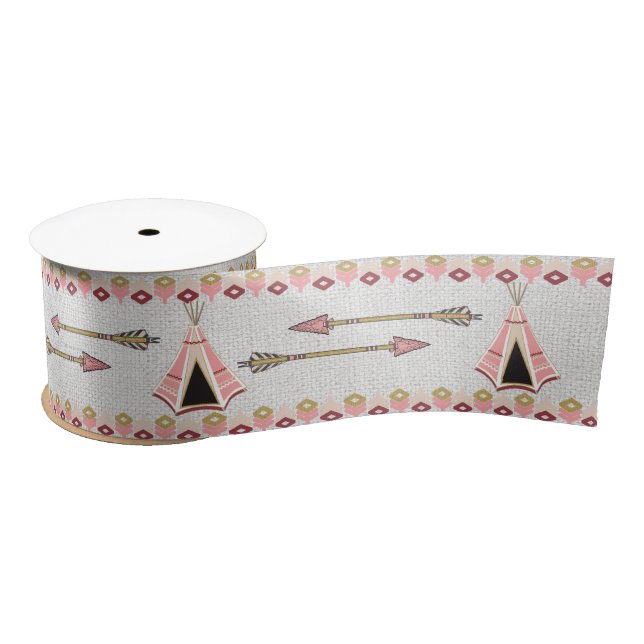 White Burlap with Tribal Arrows and Teepees Satin Ribbon (Spool)