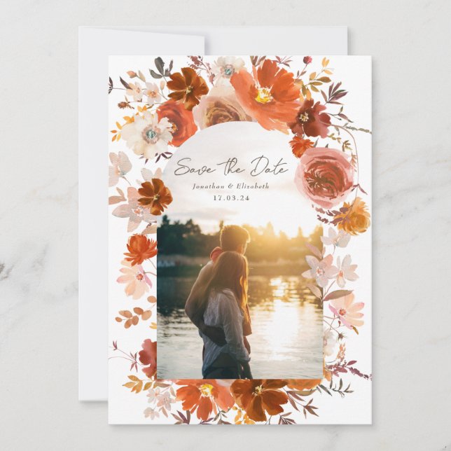 White Burnt Orange Floral Wedding Arch Photo Save The Date (Front)