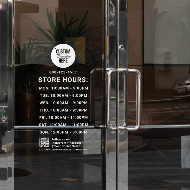 White Business Hours Logo QR Code Social Media  Window Cling (store opening hours window cling decal)