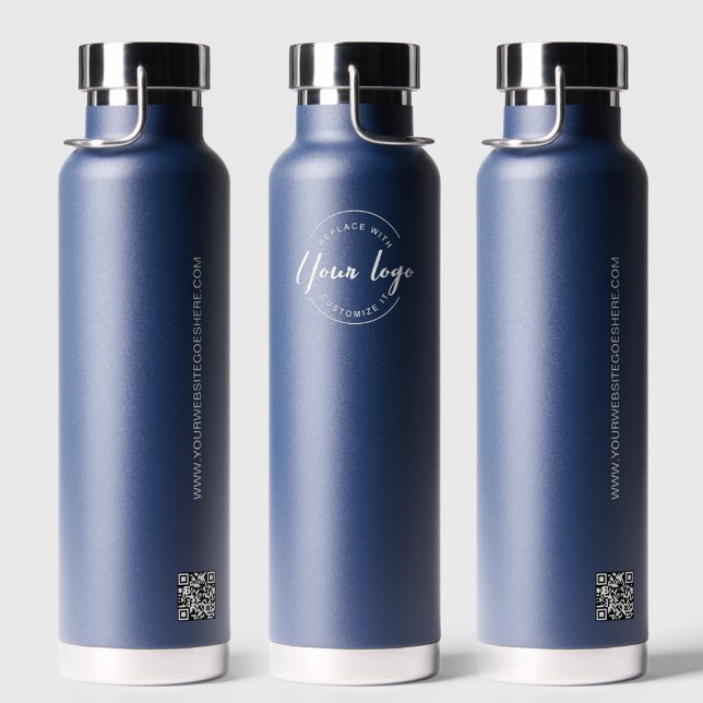 White Business logo Custom QR code website Water Bottle (Customizable logo, QR code and website on Navy water bottle business promotional merchandise. )