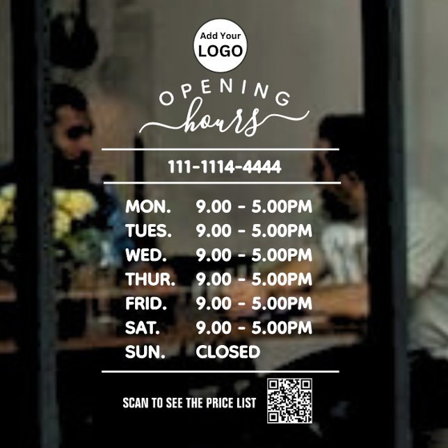 White Business opening hours logo and qr code  Window Cling (Creator Uploaded)