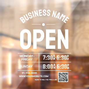 White Business Opening Times and QR Code  Window Cling