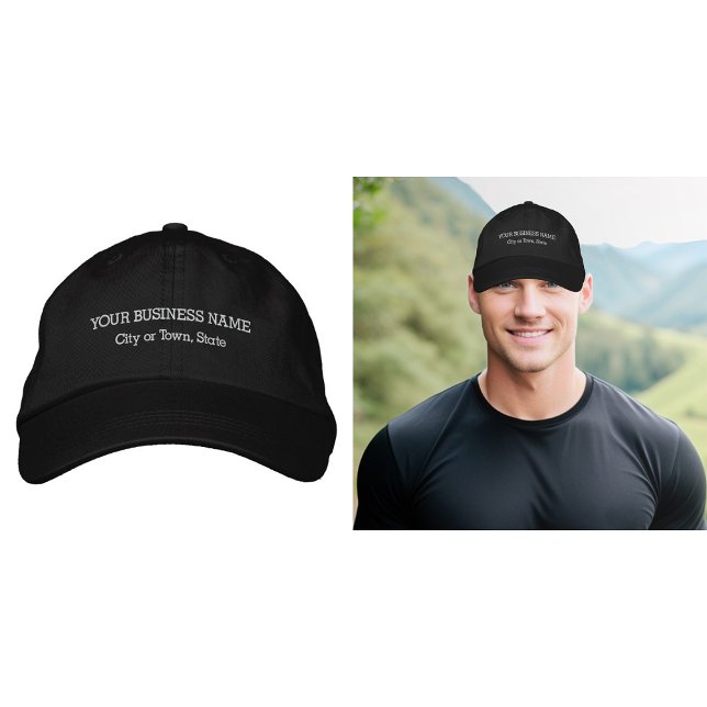 White Business Text Embroidered on Cap (Business name and location embroidered on cap in white thread)