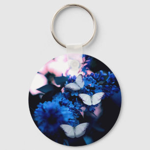 White Butterflies Blue Flowers, butterfly Key Ring