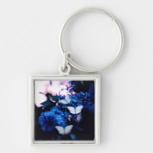 White Butterflies Blue Flowers, butterfly Key Ring