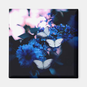 White Butterflies Blue Flowers, butterfly Magnet