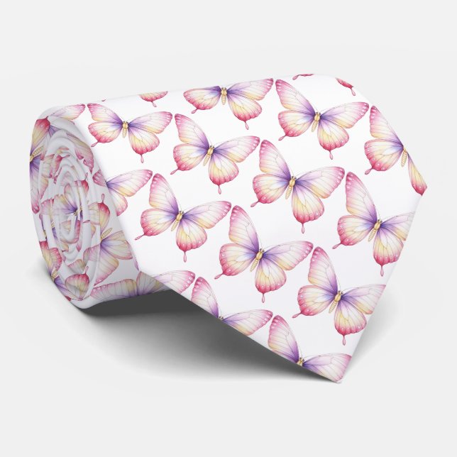 White Butterflies Neck Tie (Rolled)