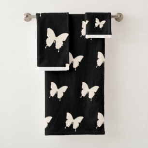 White Butterflies On Black  Bath Towel Set