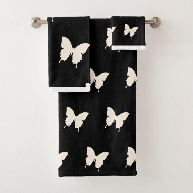 White Butterflies On Black  Bath Towel Set (Insitu)
