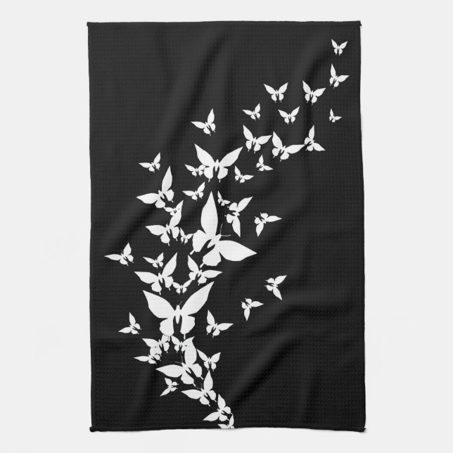 White Butterflies on Black Tea Towel (Vertical)