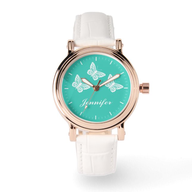 White Butterflies On Turquoise And Custom Name Watch (Front)