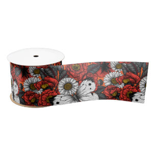 White butterfly and roses satin ribbon