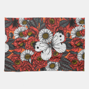 White butterfly and roses tea towel