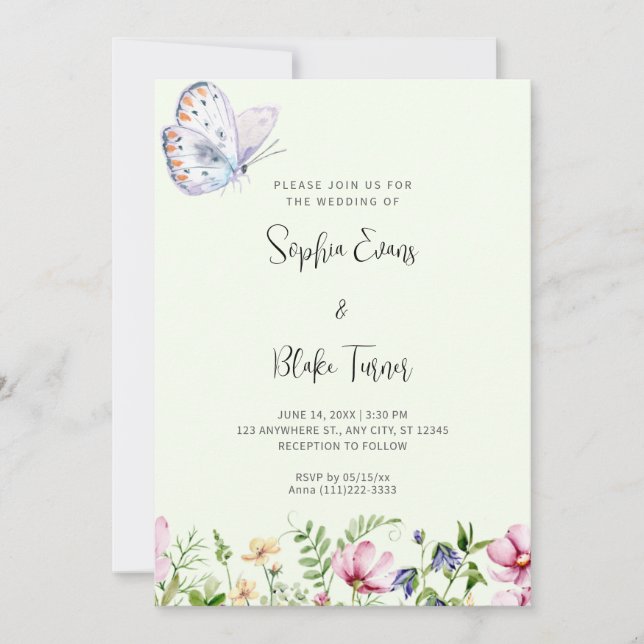 White Butterfly and Wildflowers Green Wedding Invitation (Front)