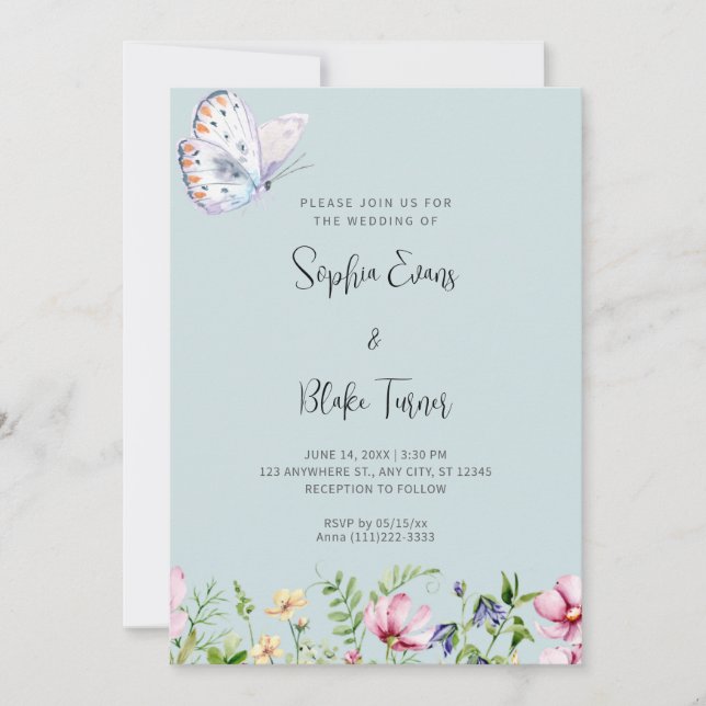 White Butterfly and Wildflowers Soft Green Wedding Invitation (Front)