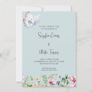 White Butterfly and Wildflowers Soft Green Wedding Invitation