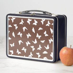 White Butterfly Brown Background Cute Aesthetic Metal Lunch Box