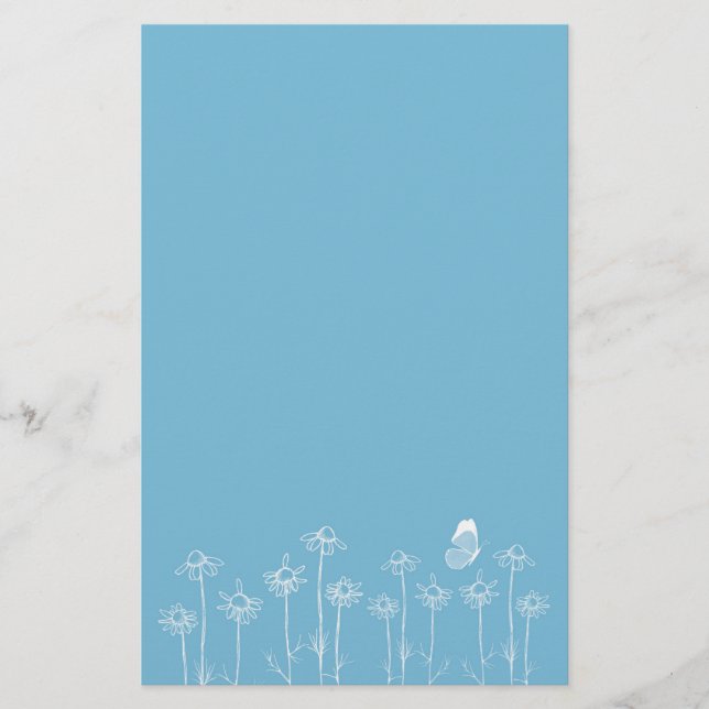 White Butterfly Chamomile Flowers Drawing Stationery (Front)