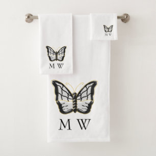 White Butterfly Design Monogrammed Bath Towel Set