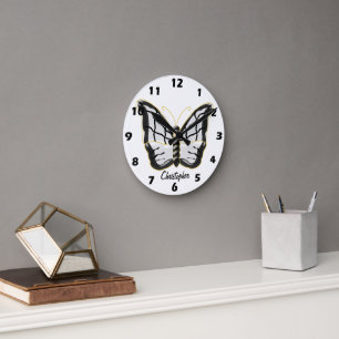 White Butterfly Design Personalised Round Clock