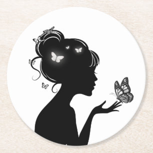 White Butterfly Female Paper Undercoat Round Paper Coaster
